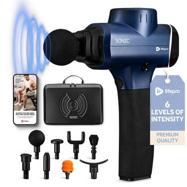 Sonic Handheld Percussion Massage Gun - Deep Tissue Massager for Sore Muscle and Stiffness - Quiet, 5 Speed High-Intensity Vibration - Quick Rechargeable Device - Includes 8 Massage Heads (Blue)
