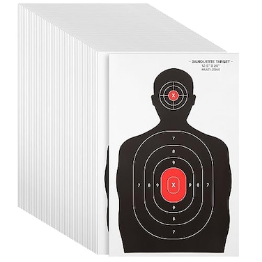 Juvale 50 Pack Paper Shooting Targets for Range, Bulk for Hunting, Silhouette with Red Bullseye (14x22 in)