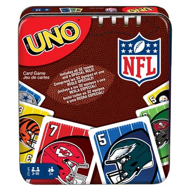 Mattel Games UNO NFL Card Game in Storage Tin Box for Kids, Adults, Parties &amp; Travel with NFL Team Logos &amp; Special Rule (Amazon Exclusive)