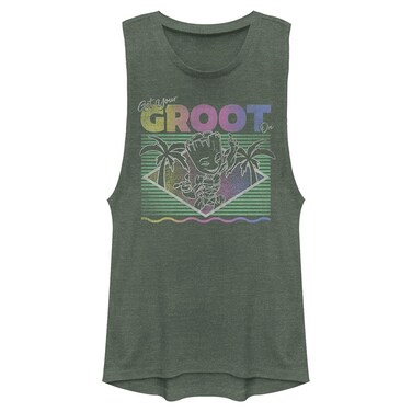 Marvel Women's Universe Vacay Groot Festival Muscle, Pine Green Heather, Large