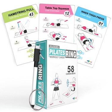 Flexies Pilates Ring Workout Cards -58 Exercise ring Card with Pilates circle Work Out Posture, Instruction &amp; Breathing Tips   Free Dry-Erase Marker &amp; Binding ring Pilates Equipment Thigh Master guide