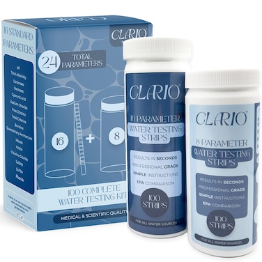 Clario - 24 in 1 Water Testing Kits for Drinking Water - Complete Test for Tap, Aquarium, Well, Pool, and Hot Tub - Home Water Test Kit - Detects Lead, Chlorine, pH, Hardness and More - 100 Strips