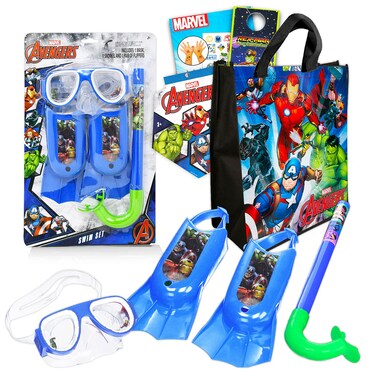 Marvel Avengers Swim Set Bundle for Toddlers, Kids, Boys, Girls - Avengers Snorkel Set with Goggles, Flippers, Snorkel, and Tote Bag   Includes Additional Stickers, Tattoos and More