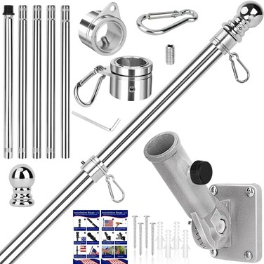 Flag Pole Kit, 6 FT Flag Poles for Outside House, Aluminum Alloy Tangle Free Rings, Flagpole Kits with Holder Bracket, Stainless Steel Flagpoles for Residential, Outdoor or Porch, 1 Inch Silver