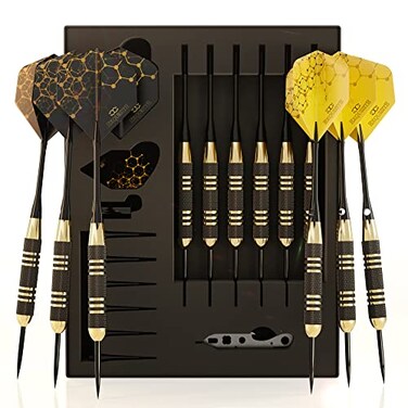 CC-Exquisite Premium Steel Tip Darts Set - Professional Darts, Brass Barrels, Metal Tip Darts, Extra Flights, (12) Aluminum Shafts 35/48, O-Rings, Dart Tool, Dart Sharpener, Darts Case