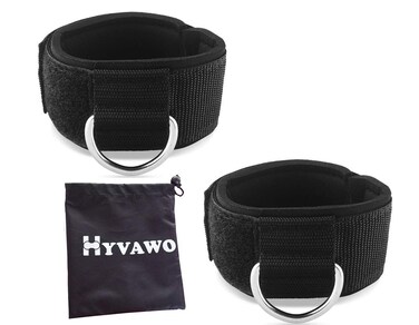 HYVAWO Ankle Straps Neoprene Padded Fitness Wrist Cuffs with D Ring High Strength Exercises Gym Pulley Strap for Cable Machines (Black 2 Pack)