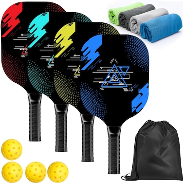 AOPOUL Pickleball Set with 4 Premium Wood Paddles, Cushion Comfort Grip, 4 Cooling Towels, 4 Pickleball Balls &amp; Carry Bag, Pickle Ball Paddle for Men Women
