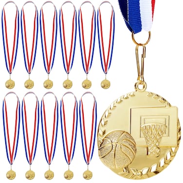 Juvale 12 Pack Basketball Medals for Kids and Adults, Team Participation Trophies, Awards, Party Favors, Red, White, and Blue Stripes 15.5" Ribbon (2 in, Metal, Gold)