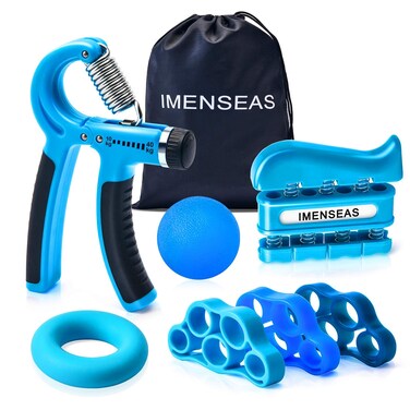 IMENSEAS Grip Strength Trainer 7 Pack Adjustable, Finger Stretcher Resistance Extensor Bands, Finger Exerciser, Hand Gripper Strength Ring &amp; Stress Ball, Blue