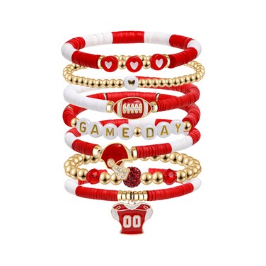 Artlunar Game Day Bracelets Stack Football Bracelet for Women Men Stackable Football Charm Bracelet Game Day Accessories Football Mom Outfit Jewelry (Red)