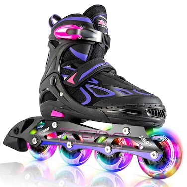 2pm Sports Vinal Girls Adjustable Inline Skates with Light up Wheels Beginner Skates Fun Illuminating Roller Skates for Kids Boys and Ladies - Violet Medium(1Y-4Y US)