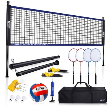 GSE Games &amp; Sports Expert Portable Volleyball &amp; Badminton Combo Set with Net, 4 Badminton Rackets &amp; 3 Birdies, Volleyball &amp; Pump, Boundary Line, Carrying Bag (Recreational)
