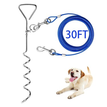 Dog Tie Out Cable and Anti Rust Spiral Stake , 30ft Outside Leash&amp;Chain for Camping and Yard, 16'' Heavy Duty for Medium-Large Dogs Up to 125 lbs (30FT, Blue)
