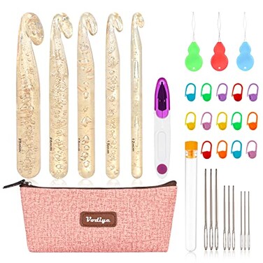 Vodiye 32 Pcs Crochet Hooks Set, Ergonomic 12mm-25mm Large Crochet Hooks for Chunky Yarn, Professional Huge Crochet Needles and Accessories for DIY Crafts, Carpets, Scarves