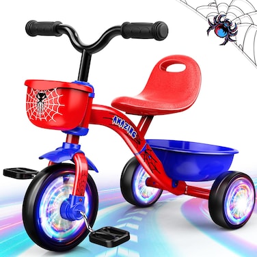 Tricycle for Toddlers 1-3 3-5 Year Olds, Spider Toddler Bike Baby Balance Bike with Colorful Lighting Wheels &amp; Large Basket, Birthday Gift and Toy for 1 2 3 4 5 Year Olds Boys and Girls