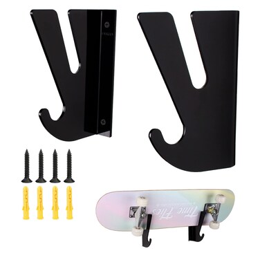 Skateboard Wall Mount with Storage Hook for Lateral Skateboard Display and Storage (Black)