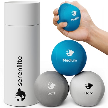 Serenilite 3X Hand Therapy Exercise Stress Ball Bundle for Adults, Grip Strengthening, Tri-Density Squeeze Balls, Hand Grip Strengthener, Soft, Medium &amp; Hard