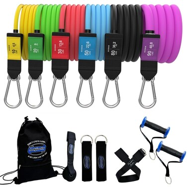 Bodylastics PRO Series Resistance Band Set - 7 Bands, Handles, Ankle Straps, Door Anchor, Carry Bag Heavy-Duty Stretch Exercise Bands-Patented Clips and Snap Reduction Tech (280 LBS Max Tension)