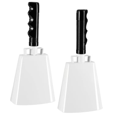 BLUE PANDA 2 Pack 9.5-inch Cowbells for Sporting Events, Percussion Noise Makers with Handle for Football Games, Stadiums (White)