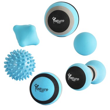 Posture Magic Massage Ball Set for Myofascial Trigger Point Release &amp; Deep Tissue Massage - Set of 6 - Large Foam/Small Foam/Lacrosse/Peanut/Spiky/Hand Exercise Ball (Blue)