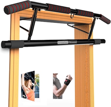 AmazeFan Pull Up Bar, Doorway Mount with Ergonomic Grip - Fitness Chin-Up Frame for Home Gym Exercise, 400 lbs Capacity, Alloy Steel, Foldable - Includes 2 Wrist Straps &amp; Workout Guide