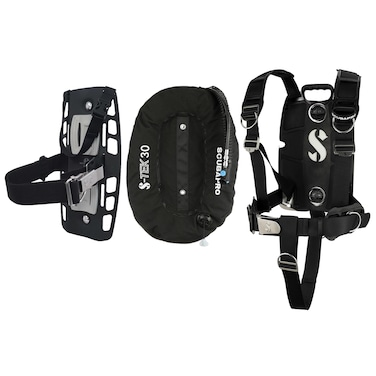 SCUBAPRO S-Tek Pro System for Technical Scuba Diving, Harness with Back Plate in Stainless Steel, Donut Wing 30 lbs/13 kg, Single Tank Adapter, Includes Black Color Kit