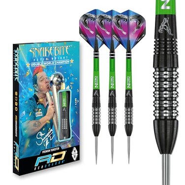 RED DRAGON Peter Wright Snakebite Black Strike: 24g Tungsten Darts Set with Flights and Stems