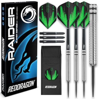 RED DRAGON Raider 1: 23 Gram Steel Tip Tungsten Darts Set - Green Style Set of Professional Darts with Shafts (Stems) and Flights - Choice of Colour Available