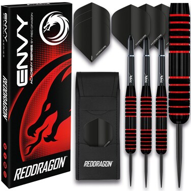 RED DRAGON Envy 24g Professional Brass Steeltip Black and Red Darts Set with Flights, Shafts (Stems) and Wallet