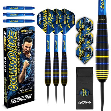 RED DRAGON Luke Humphries Coolhand 22g Brass Darts Set with Flights and Shafts (Stems) Including Checkout Card