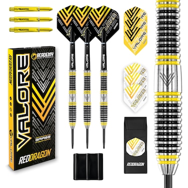 RED DRAGON Valore 22g Brass Steel Tip Darts Set with Dart Flights and Dart Shafts (Stems) Including Darts Wallet