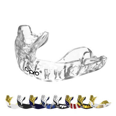OPRO Instant Custom-Fit Mouth Guard, Dentist-Level Comfort, Protection &amp; Fit - Moldable Mouthguard for Football, Boxing, Rugby, MMA, BJJ, UFC Mouth Piece- Includes Mouth Guard Case (Clear, Adult)