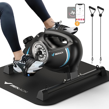 Under Desk Bike Pedal Exerciser, Quiet Magnetic Mini Exercise Bike with MERACH App for Arm, Leg Recovery, Physical Therapy, Smooth Foot Desk Cycle with 2 Resistance Bands &amp; Non-Slip Mat