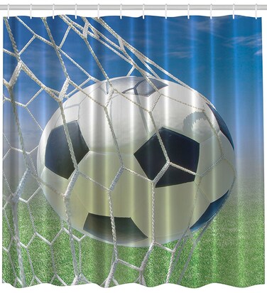 Ambesonne Sports Shower Curtain, Soccer Goal Net Football Games Photo Design Field Grass Sky Ball for Teens and Kids, Cloth Fabric Bathroom Decor Set with Hooks, 69" W x 75" L, Blue Green