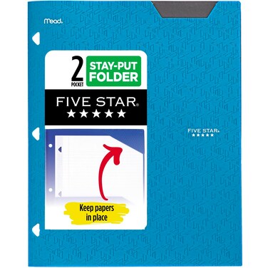 Five Star 2-Pocket Folder, Plastic Folder with Stay-Put Tabs, Fits 3 Ring Binder, Holds 8-1/2" x 11" Paper, Blue (333420H-ECM)