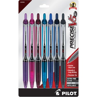 Pilot, Precise V5 RT Refillable &amp; Retractable Liquid Ink Rolling Ball Pens, Extra Fine Point (0.5 mm) Assorted Ink Colors, Pack of 7