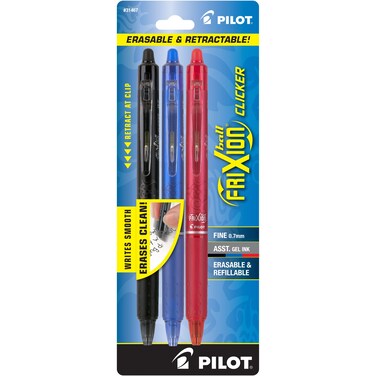 PILOT FriXion Clicker Erasable, Refillable &amp; Retractable Gel Ink Pens, Fine Point, Black/Blue/Red Inks, 3-Pack (31467)
