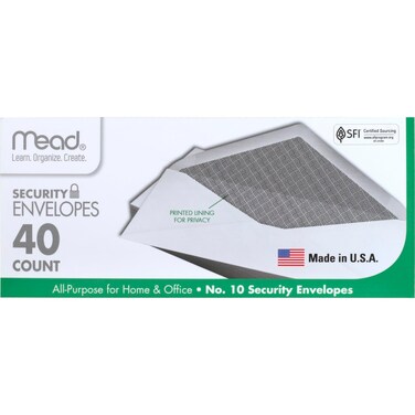 Mead #10 Envelopes, Security Printed Lining for Privacy, Gummed Closure, All-Purpose 20-Ib Paper, 4-1/8" x 9-1/2", White, 40 Letter Size Envelopes per Box (75214)