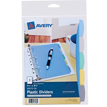 Avery Write &amp; Erase Durable Plastic Mini Dividers for 3 Ring Binders and 7-Ring Binders, 5.5" x 8.5", 5-Tab Set, Multicolor, 1 Set (16180)