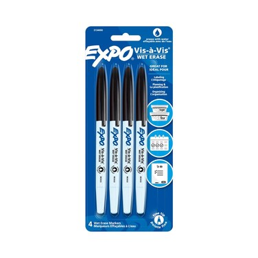 EXPO Vis-A-Vis Wet-Erase Overhead Transparency Markers, Fine Point, Black, 4-Count