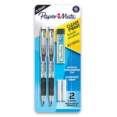 Paper Mate Clearpoint Mechanical Pencils 0.5mm, Break Resistant HB #2 Lead, School Supplies, Art Supplies, Drawing Supplies, Sketching Pencils, 2 Pencils, Black, 1 Lead Refill Set, 2 Erasers