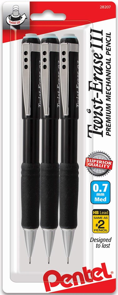 Pentel Mechanical Pencil - Twist Erase 0.7 mm - Twist-Erase III Automatic Pencil - 3 Pack - Black Barrels - Best Professional Mechanical Pencils for School, Office &amp; Home