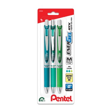 Pentel EnerGel RTX Retractable Liquid Gel Pen, 0.7mm, Chill Hue, Turquoise, Green, and Lime Green Ink, Pack of 3 Pens (BL77CHIBP3M)