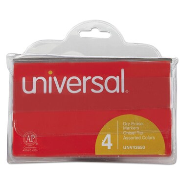 Universal 43650 Dry Erase Markers, Chisel Tip, Assorted, 4/Set