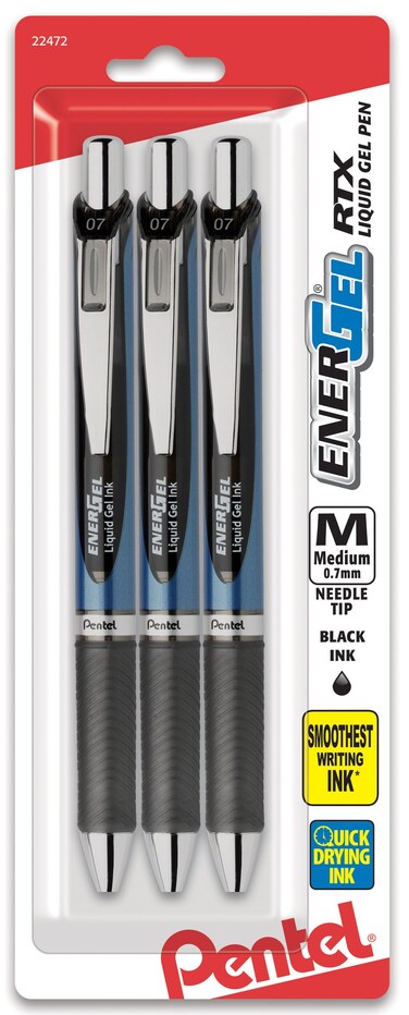Pentel EnerGel RTX Retractable Liquid Gel Pen, (0.7mm), Medium Line, Needle Tip, Black Ink, Pack of 3 (BLN77BP3A)