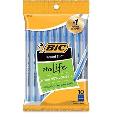 BIC Round Stic Xtra Life Blue Ballpoint Pens, Medium Point (1.0mm), 10-Count Pack of Bulk Pens, Flexible Round Barrel for Writing Comfort, No. 1 Selling Ballpoint Pens