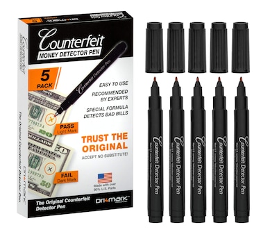 Dri Mark CFD5PK Counterfeit Bill Detector Marker Pen, Made in The USA, 3 Times More Ink, Pocket Size, Fake Money Checker - Money Loss Prevention Tester &amp; Fraud Protection for U.S. Currency (Pack of 5)