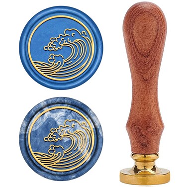 CRASPIRE Wave Wax Seal Stamp Wave Sealing Wax Stamps Spindrift Retro Wood Stamp Wax Seal 25mm Removable Brass Seal Wood Handle for Envelopes Invitations Wedding Bottle Gift Packing