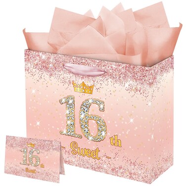 Vichona Rose Gold 16 &amp; Sweet 16th Birthday Gift Bag for Girls, Sweet 16th Birthday Gifts Decorations for Girls, 16 Years Old Birthday Gift Bag Card for Daughter Granddaughter Friends