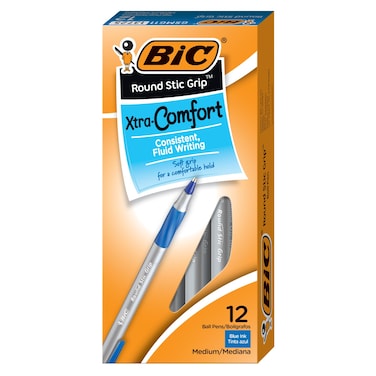 BIC Round Stic Grip Xtra Comfort Blue Ballpoint Pens, Medium Point (1.2mm), 12-Count Pack, Excellent Writing Pens With Soft Grip for Superb Comfort and Control